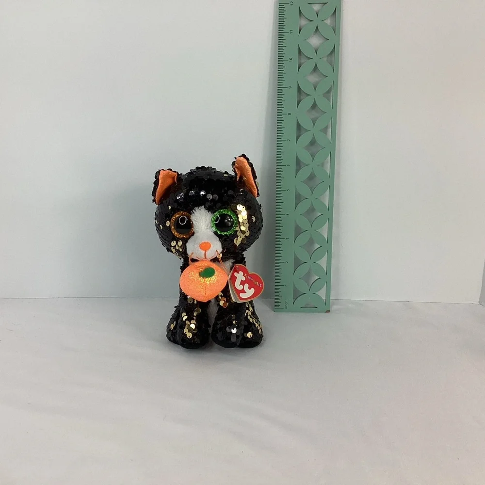 Ty Flippables Plush Jinx Black Cat Pumpkin 6” Halloween Sequins Stuffed Animal - Picture 10 of 11